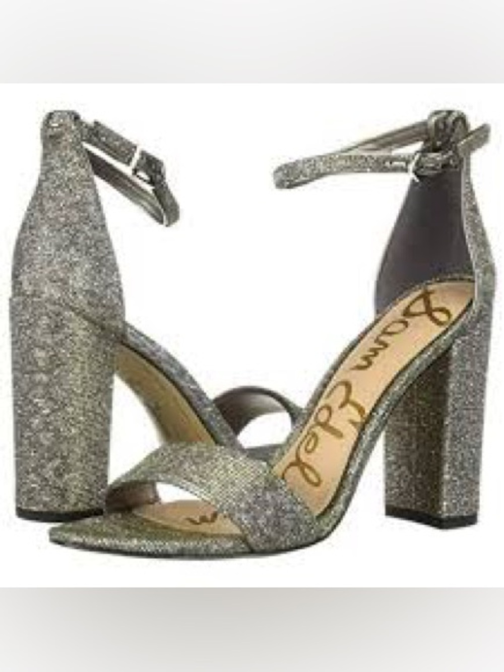 Sam Edelman Yaro Silver Glitter Block Heel Ankle Strap Sandals Size 10